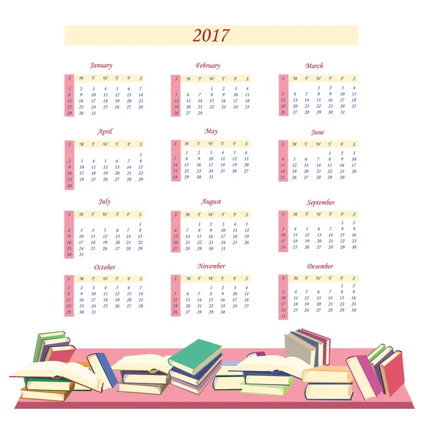 Calendar for 2017 Year with books .  Week starts from Sunday. — Stock Vector