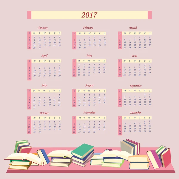 Calendar for 2017 Year with books .  Week starts from Sunday. — Stock Vector