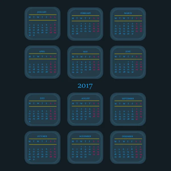 Calendar Template for 2017 on Dark Background. — Stock Vector