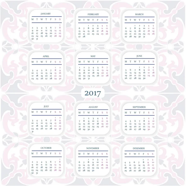 Calendar for 2017 year with ornamental pattern. Week Starts Monday. — Stock Vector