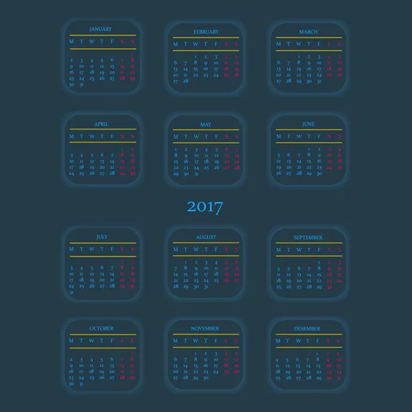 Kalendervorlage für 2017 auf dunklem Hintergrund. — Stockvektor