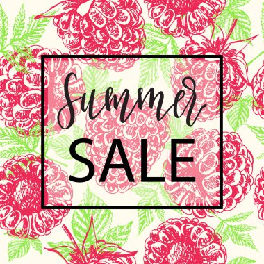 Ahududu yaz Satılık şablon afiş el ile çizilmiş.