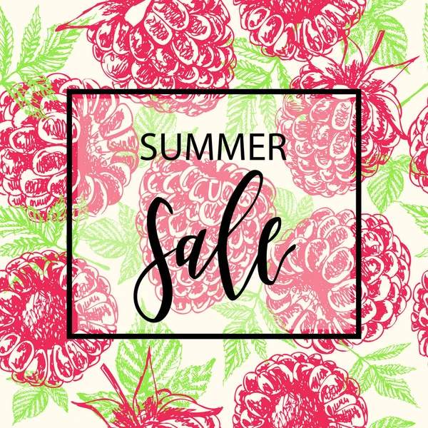Banner de plantilla de venta de verano con frambuesas dibujadas a mano . — Vector de stock