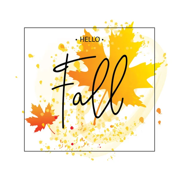 Hello Fall autumn leaves lettering in frame. — Stock Vector