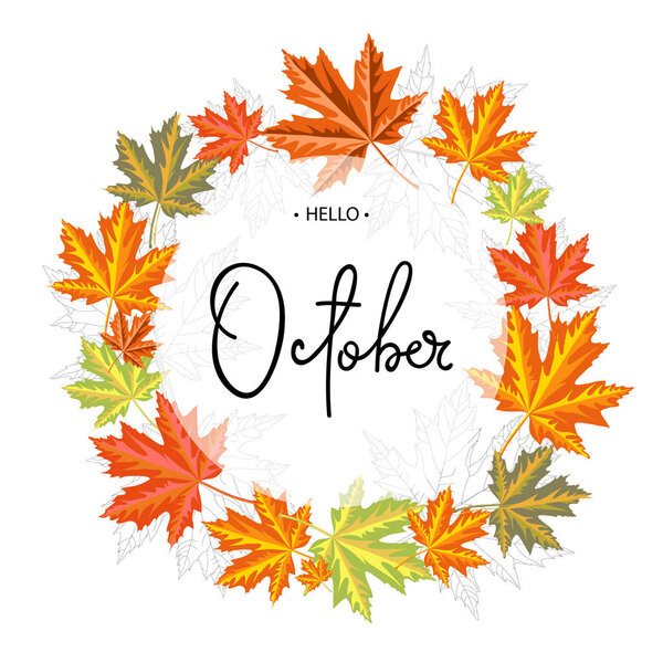 Hello October calligraphy inscription. Autumn banner template.
