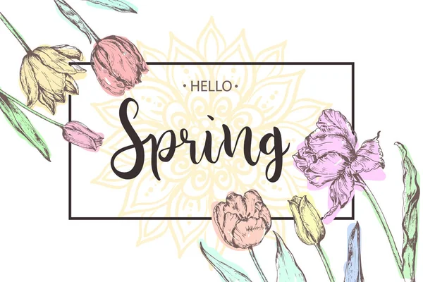 Inschrift Hallo Frühling Auf Dem Hintergrund Mit Handgezeichneten Blumen Vektorillustration — Stockvektor