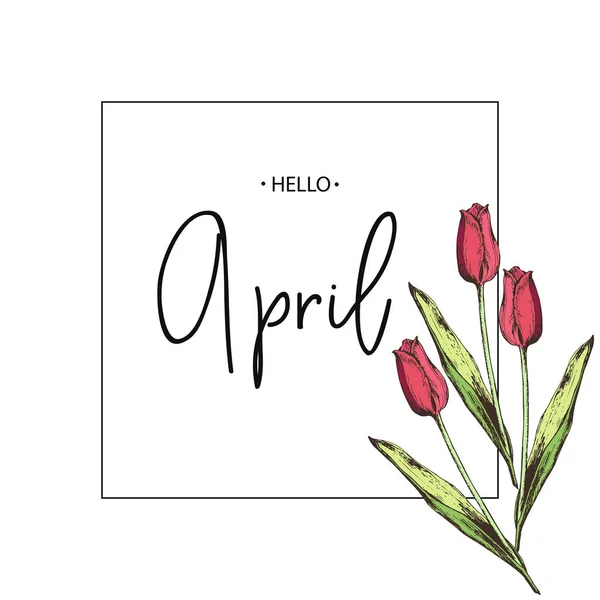 Inscripție Hello April Fundal Flori Desenate Manual Ilustrație Vectorială — Vector de stoc