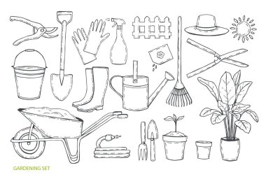 Bahçe kümesi. Farklı iş araçları bahçe için. Elle çizilmiş. Vektör çizim.