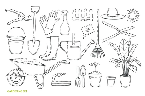 Ensemble Jardinage Différents Outils Travail Pour Jardinage Tiré Main Illustration — Image vectorielle