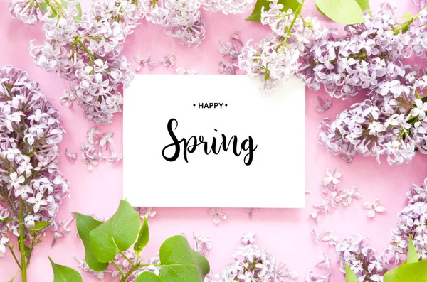 Beschriftung Happy Spring Fliederblüten Draufsicht Flache Lage Bild — Stockfoto