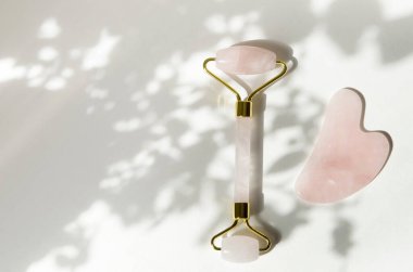 Pembe Gua Sha masaj aleti. Rose Quartz silindiri. Beyaz arka plandaki yaprakların gri gölgesi. Evde yüz bakımı, yaşlanmayı önleme ve kaldırma terapisi. - Görüntü
