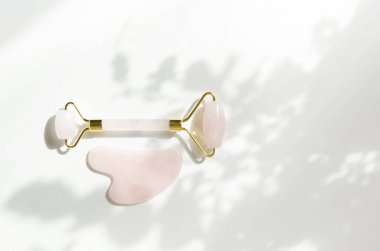 Pembe Gua Sha masaj aleti. Rose Quartz silindiri. Beyaz arka plandaki yaprakların gri gölgesi. Evde yüz bakımı, yaşlanmayı önleme ve kaldırma terapisi. - Görüntü