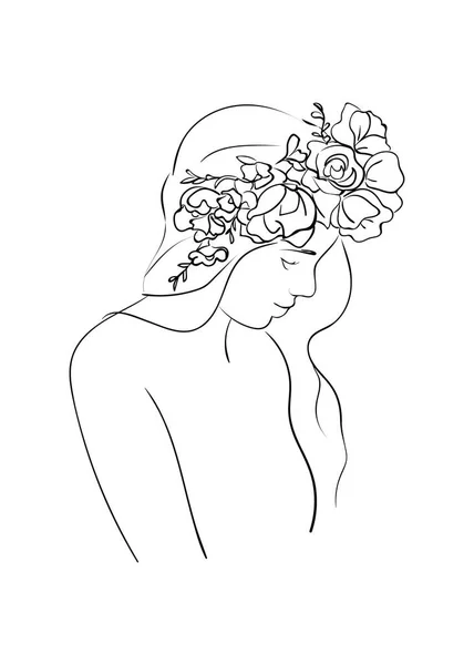 Retrato Mulher Bonita Jovem Com Flores Cabelo Longo Desenho Linha — Vetor de Stock