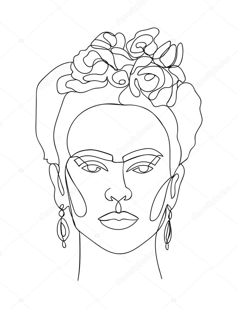Frida Kahlo vector portrait single line sketch. - Vector illustration
