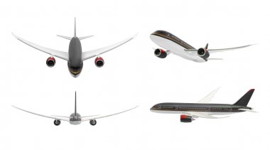 Beyaz arka plan üzerinde izole yolcu uçak farklı görünümler