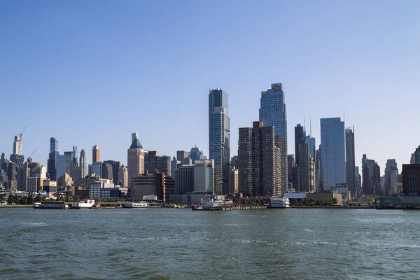 View of Manhattan skyline from sea side, New York