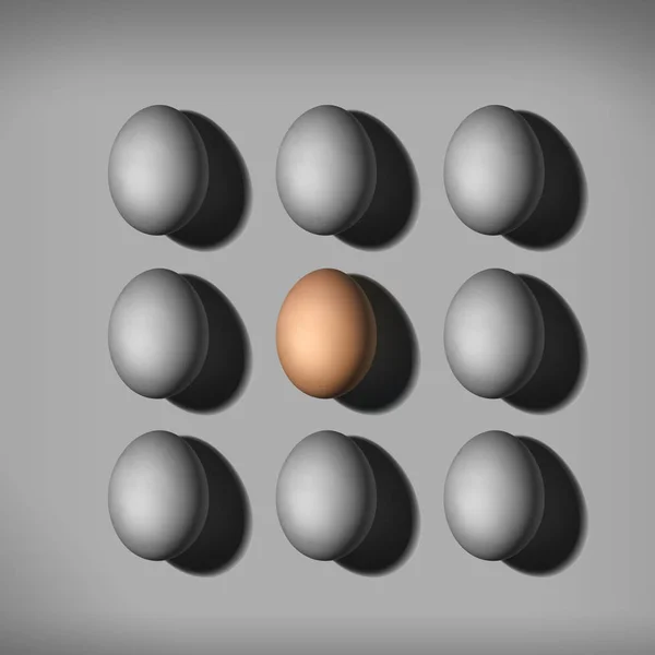 Färgat brunt ägg mellan gråa ägg. individualitetskoncept. olika färg ägg. — Stockfoto
