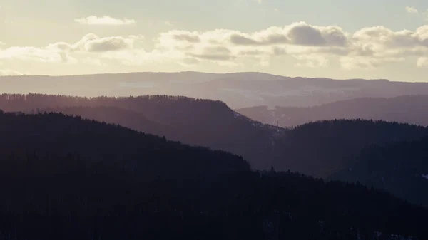 Bergen keten bij magische zonsondergang. kleuren variaties op uitzicht op de Karpaten bij zonsondergang — Stockfoto