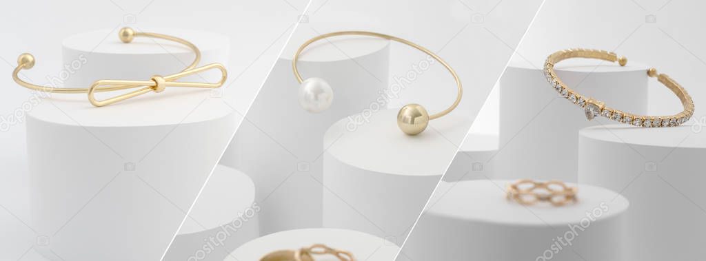 Panoramic jewelry photos collage. Golden bracelets collection on white platforms.