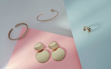 Pastel renginde pembe ve mavi desenli, modern altın mücevher üst görünümü düz.