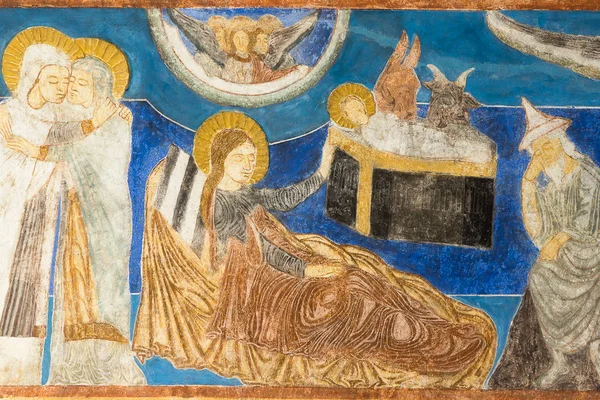 Романский фреоско о рождении Иисуса Христа в хлеву — стоковое фото