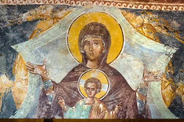 Virgen y Cristo Niño. Fresco en la Iglesia de Chora —  Fotos de Stock