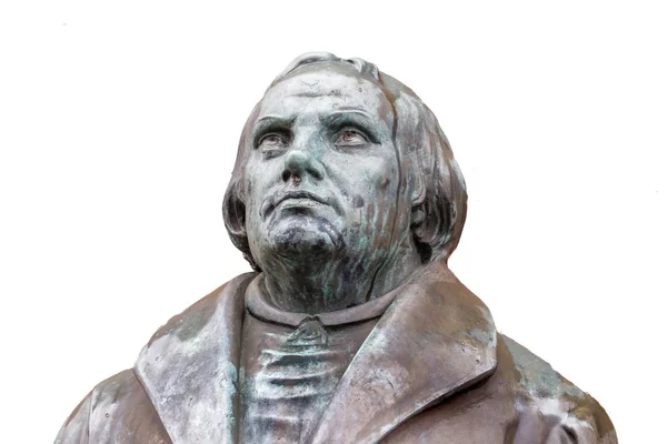 A reformátor Martin Luther elszigetelt fehér bronz szobra — Stock Fotó