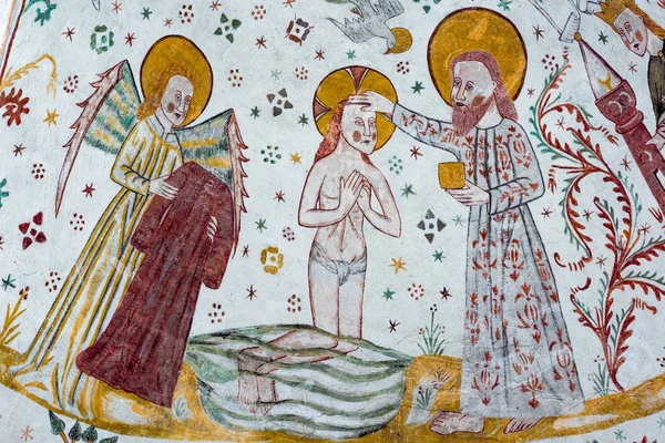 Baptism of Jesus in The Jordan River, a Gothic fresco — Stock Photo, Image