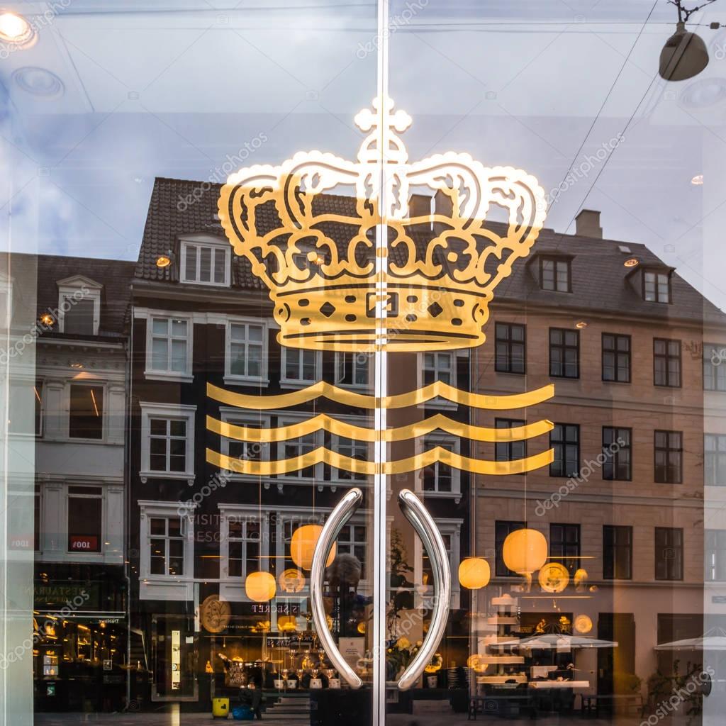 Sign in front of Royal  porcelain shop in copenhagen,  founded by Queen Juliane Marie of Denmark in 1775, famous for its exclusive porcelain. Copenhagen, June 1, 2017