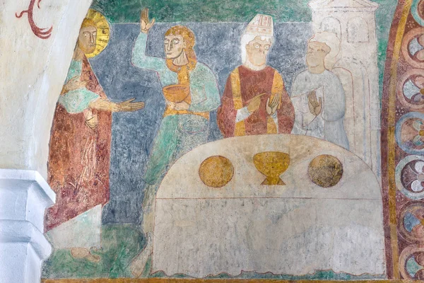 Marriage at Cana, an ancient romanesque fresco in a danish churc — Stock Photo, Image