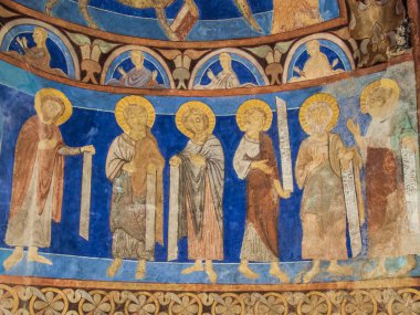 Bir ortaçağ duvar resmi metinler ile altı öğrencileri