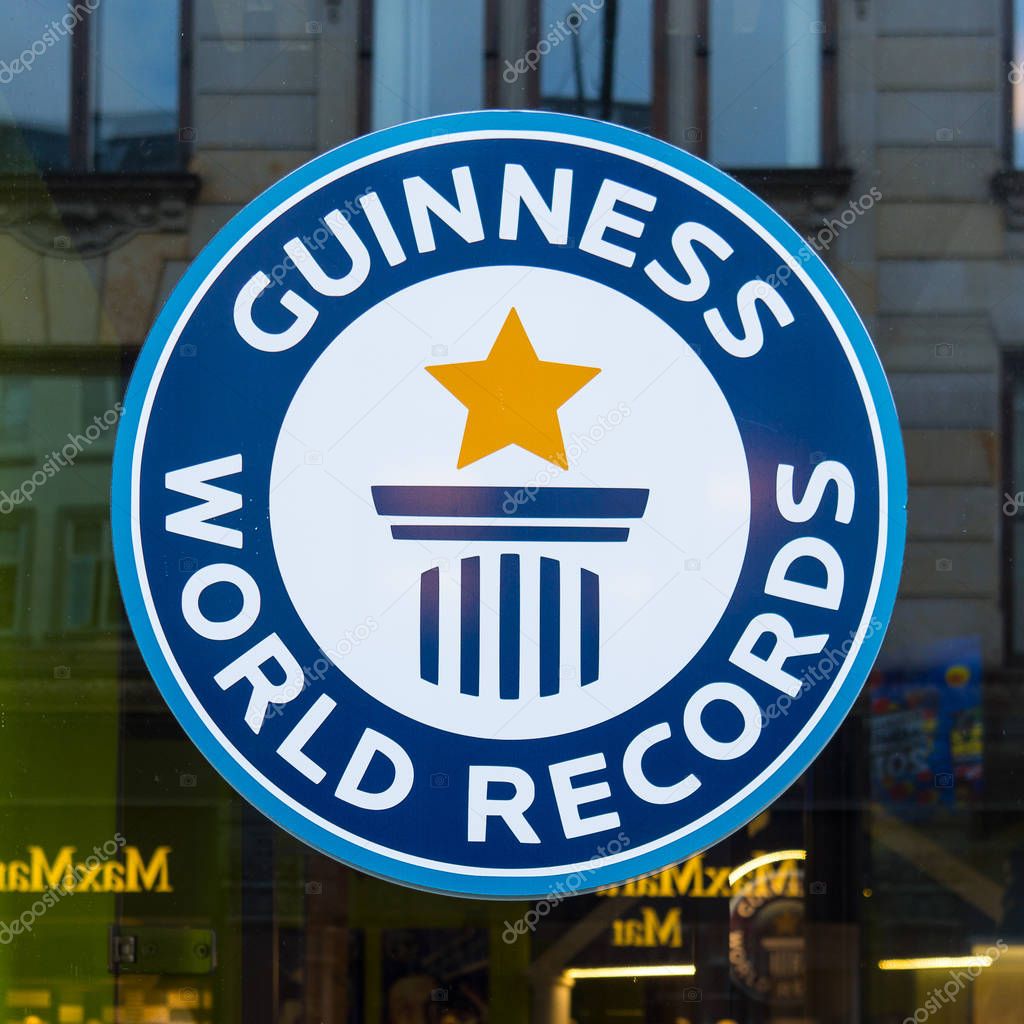 Guinness world records sign, reflections in a window, Copenhagen, Denmark, September 21, 2107