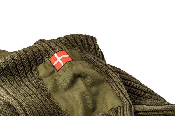 Groen Leger Sweather Met Deense Vlag Geïsoleerd Wit Denemarken April — Stockfoto