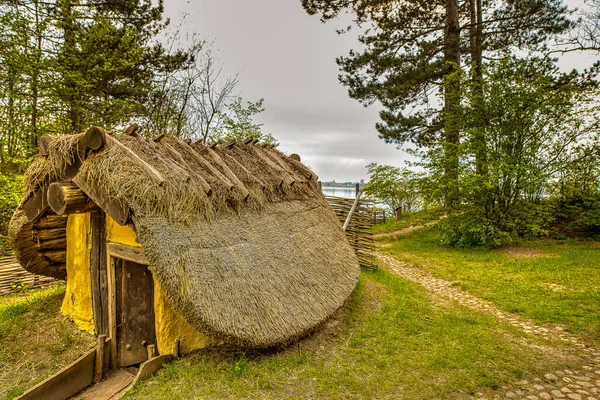2020年4月29日デンマーク フレデリックスンドのロスキルド第1地区の葦で覆われた小さなバイキングハウスの再建 — ストック写真