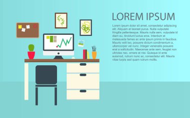 Vektör çalışma alanı düz Illustration. Bilgisayar ile ev masa 