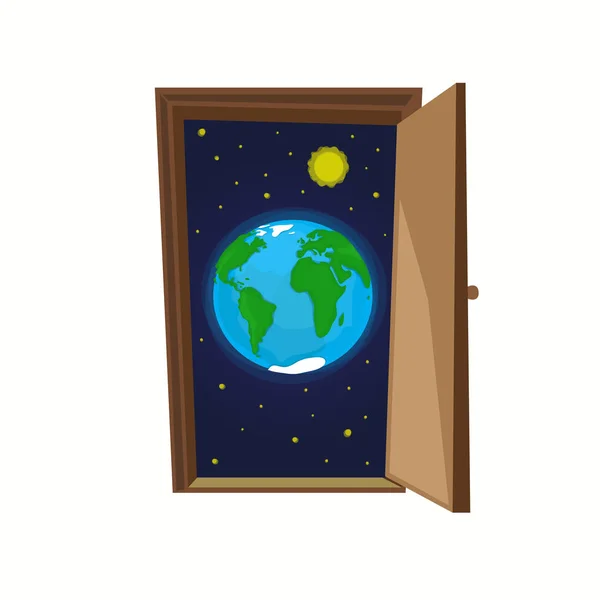 Tierra planeta con estrellas y sol dentro de la puerta . — Vector de stock