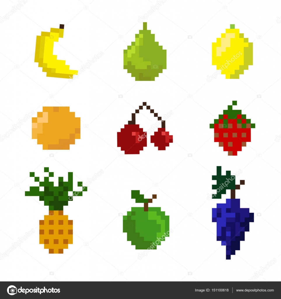 Vetor do Stock: Pixel fruits set. Pixel art fruits huge vector