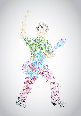 Gitar çalan bir adamın silueti renkli parçacıkların sıçramasıyla, vektör illüstrasyonuyla