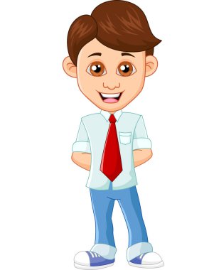 Beyaz gömlek ve kırmızı kravat takan mutlu öğrenci ellerini arkasına gizliyor.