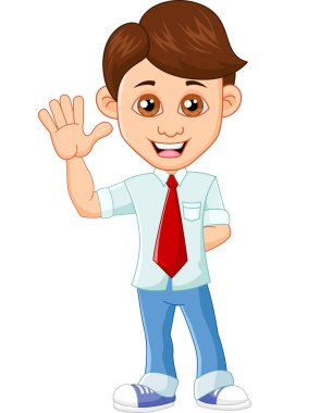 Mutlu öğrenci beyaz gömlek ve kırmızı kravat takıyor.