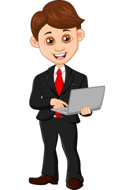 Çizgi film işadamı karakteri dizüstü bilgisayar tutuyor