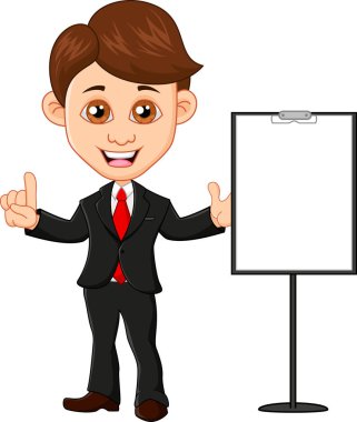boş tabela ile sunulan iş adamının çizgi film karakteri
