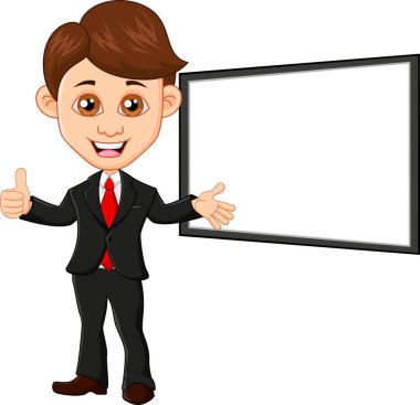 Çizgi film karakteri, siyah takım elbiseli adam boş tahtayı gösteriyor.