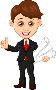 Planları tutan genç iş adamının çizgi film çizimi