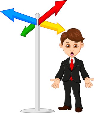 İş adamı üzgün ve oklarla merak ediyor.