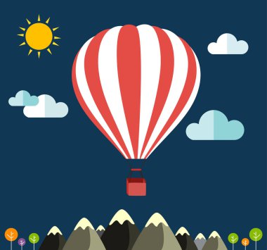 Sıcak hava balonu dağlarda uçuyor. Vektör çizimi. düz dizayn