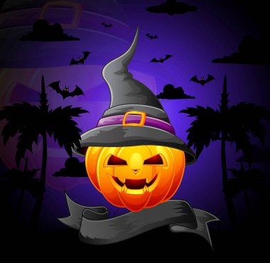 Gece karanlığında yarasalarla Cadılar Bayramı balkabağı.