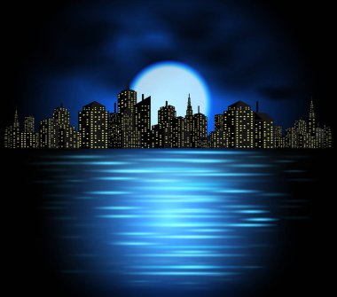 Gece şehir merkezindeki gökdelenler, vektör çizimi 