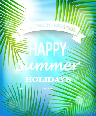 Palmiye yaprakları ve tropik çiçeklerle yaz tatili arka planı.