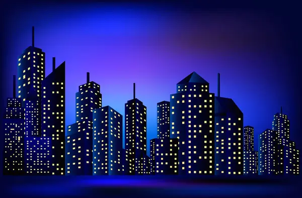 Gece şehir merkezindeki gökdelenler, vektör çizimi 